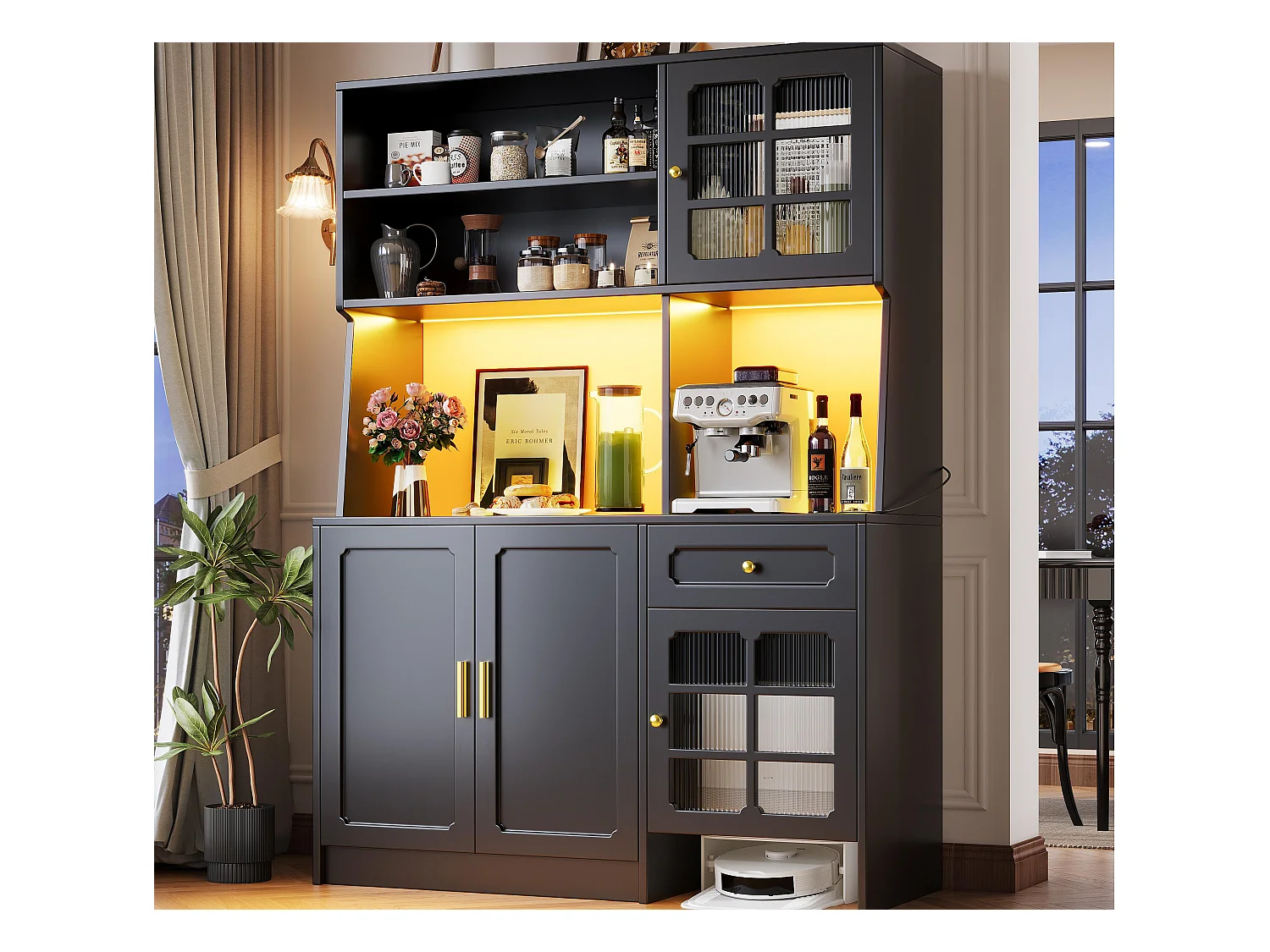 Buffet de cuisine 130x45x180cm - 4 portes + 1 tiroir + 5 étagères - meuble haut - avec éclairage LED - Style rétro - Noir