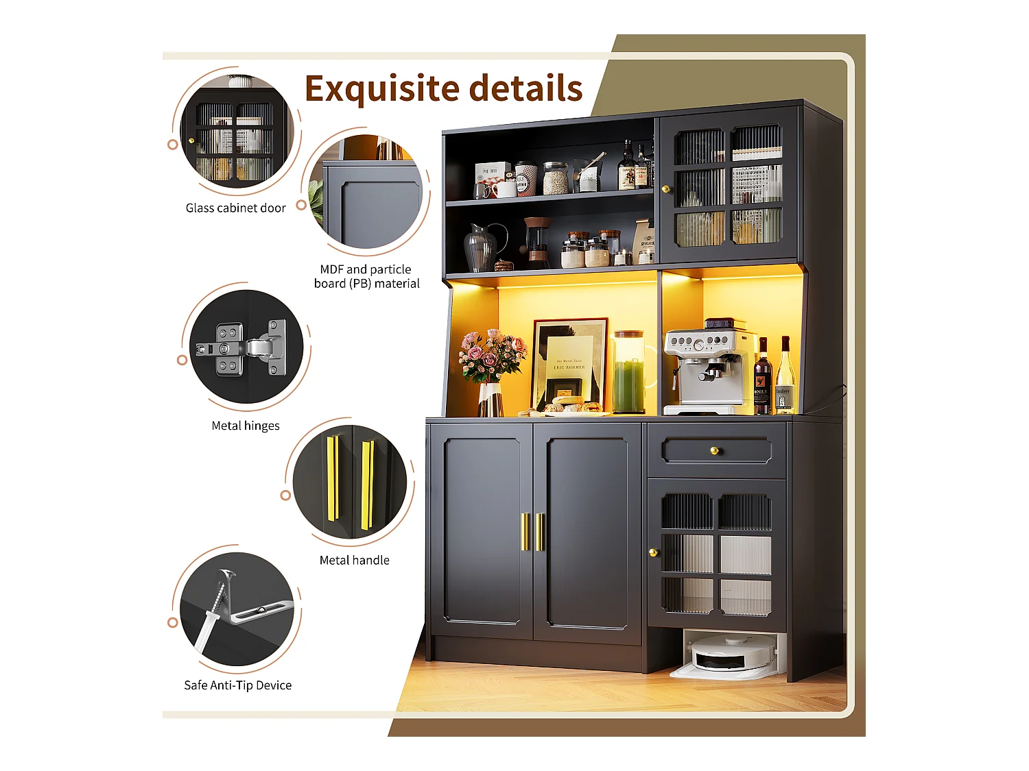 Buffet de cuisine 130x45x180cm - 4 portes + 1 tiroir + 5 étagères - meuble haut - avec éclairage LED - Style rétro - Noir