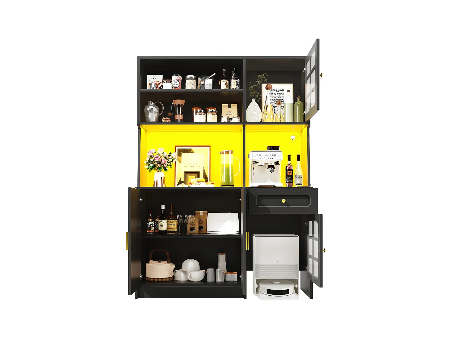 Buffet de cuisine 130x45x180cm - 4 portes + 1 tiroir + 5 étagères - meuble haut - avec éclairage LED - Style rétro - Noir