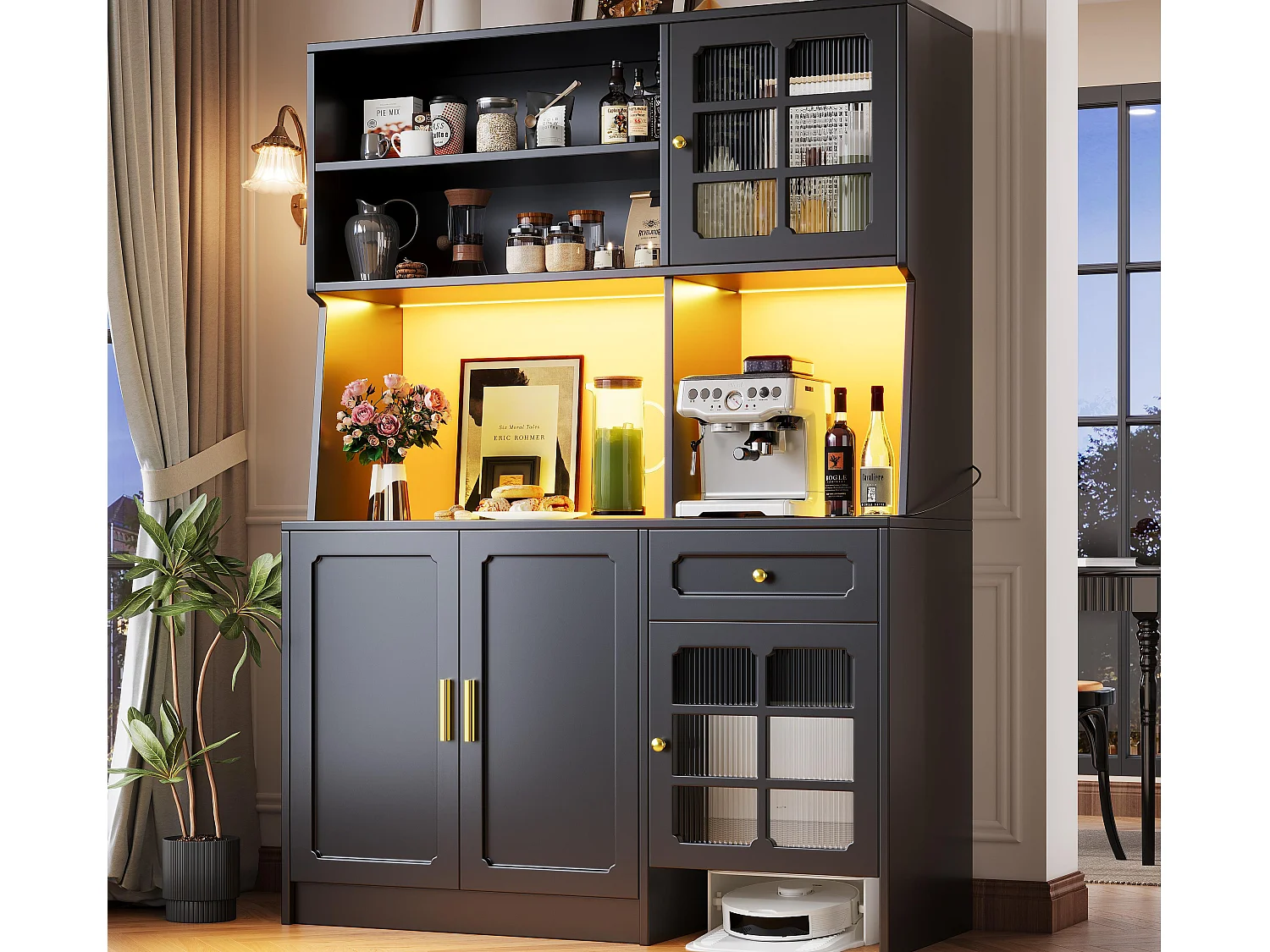 Buffet de cuisine 130x45x180cm - 4 portes + 1 tiroir + 5 étagères - meuble haut - avec éclairage LED - Style rétro - Noir