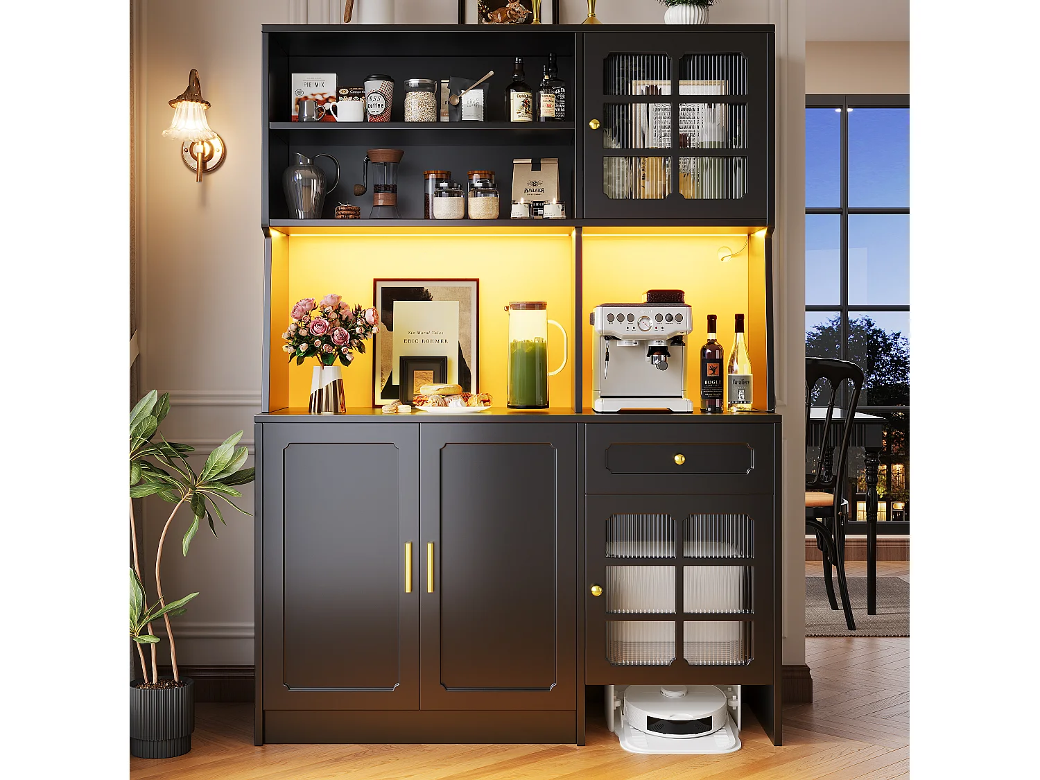 Buffet de cuisine 130x45x180cm - 4 portes + 1 tiroir + 5 étagères - meuble haut - avec éclairage LED - Style rétro - Noir
