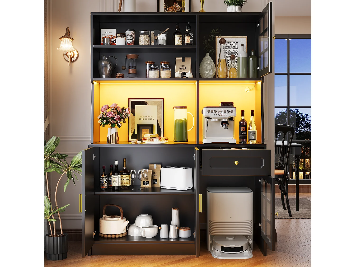 Buffet de cuisine 130x45x180cm - 4 portes + 1 tiroir + 5 étagères - meuble haut - avec éclairage LED - Style rétro - Noir