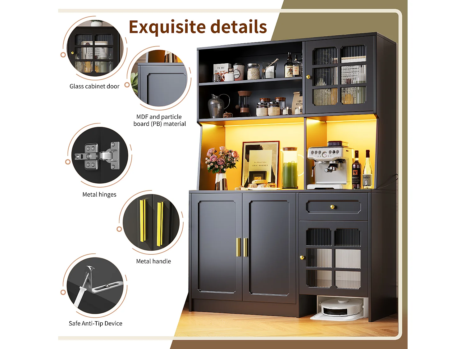 Buffet de cuisine 130x45x180cm - 4 portes + 1 tiroir + 5 étagères - meuble haut - avec éclairage LED - Style rétro - Noir