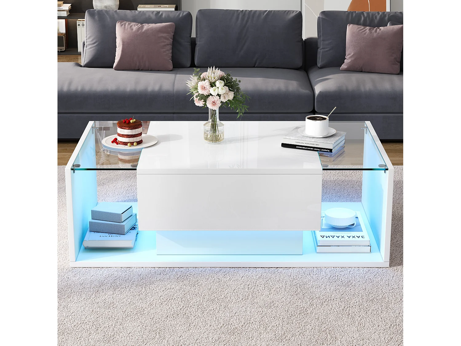 Hoogglans salontafel 100x50x31 cm - 1 lade - met LED-verlichting - Gehard glas - Wit