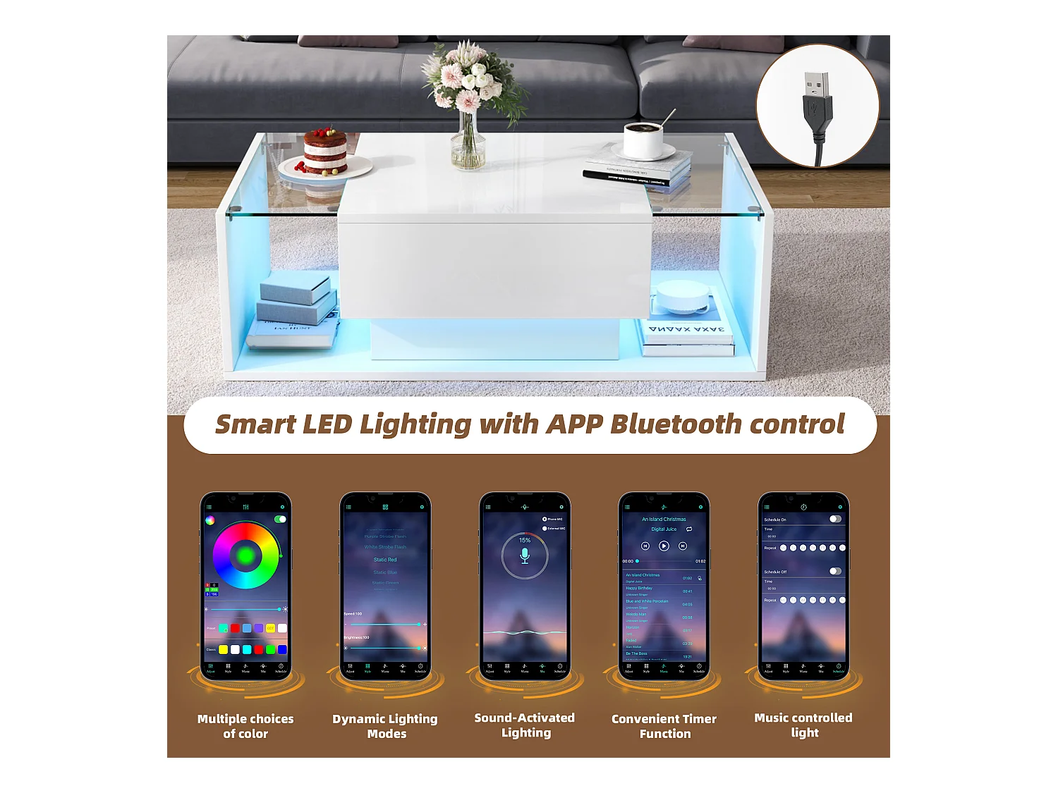 Hoogglans salontafel 100x50x31 cm - 1 lade - met LED-verlichting - Gehard glas - Wit