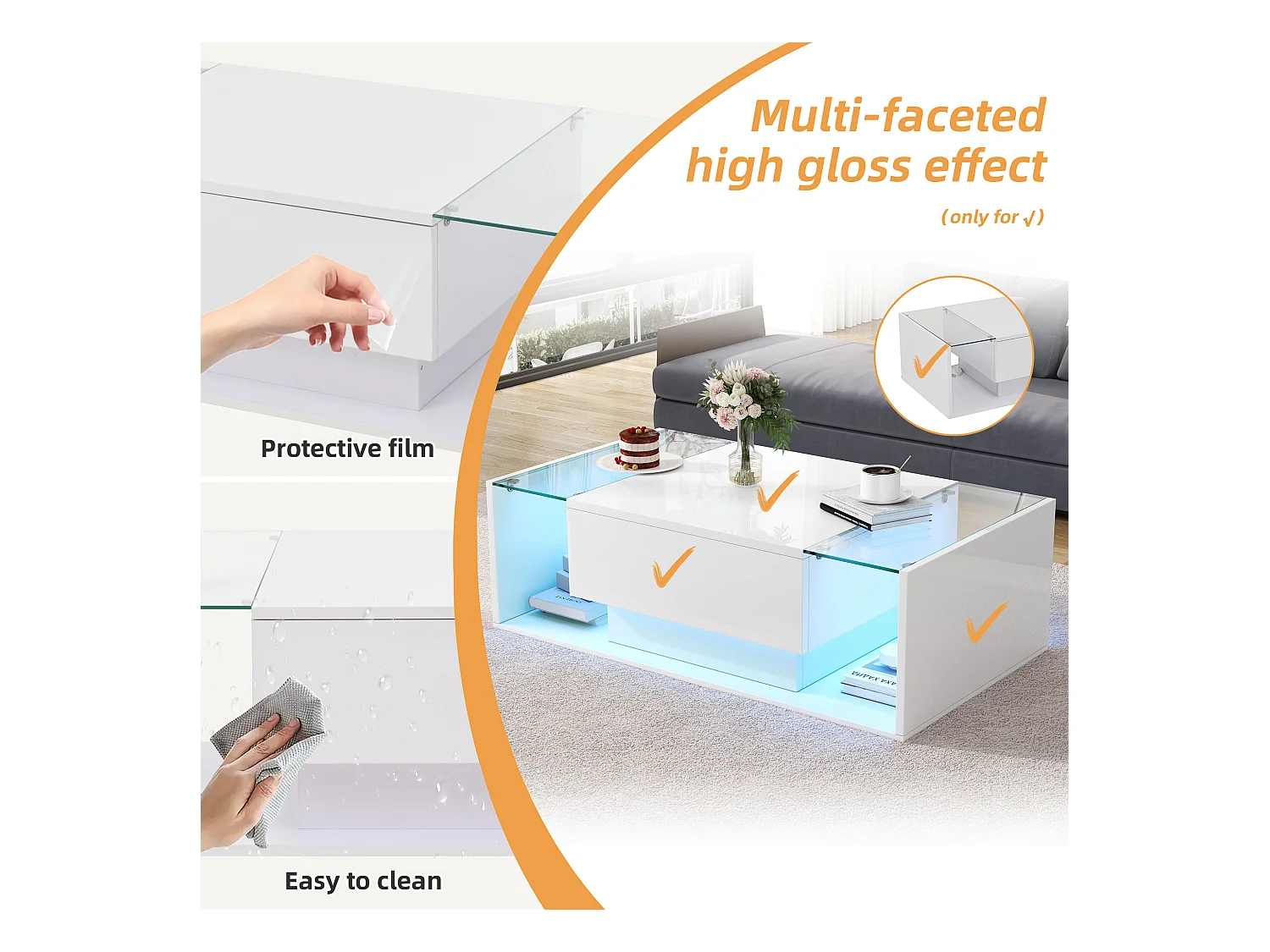 Hoogglans salontafel 100x50x31 cm - 1 lade - met LED-verlichting - Gehard glas - Wit