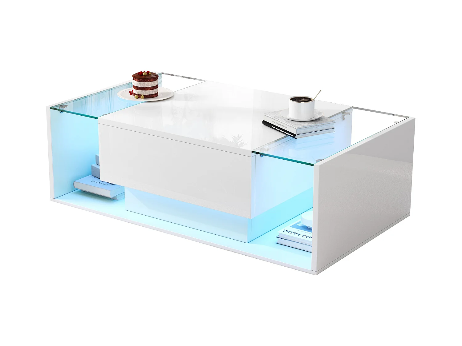 Hoogglans salontafel 100x50x31 cm - 1 lade - met LED-verlichting - Gehard glas - Wit