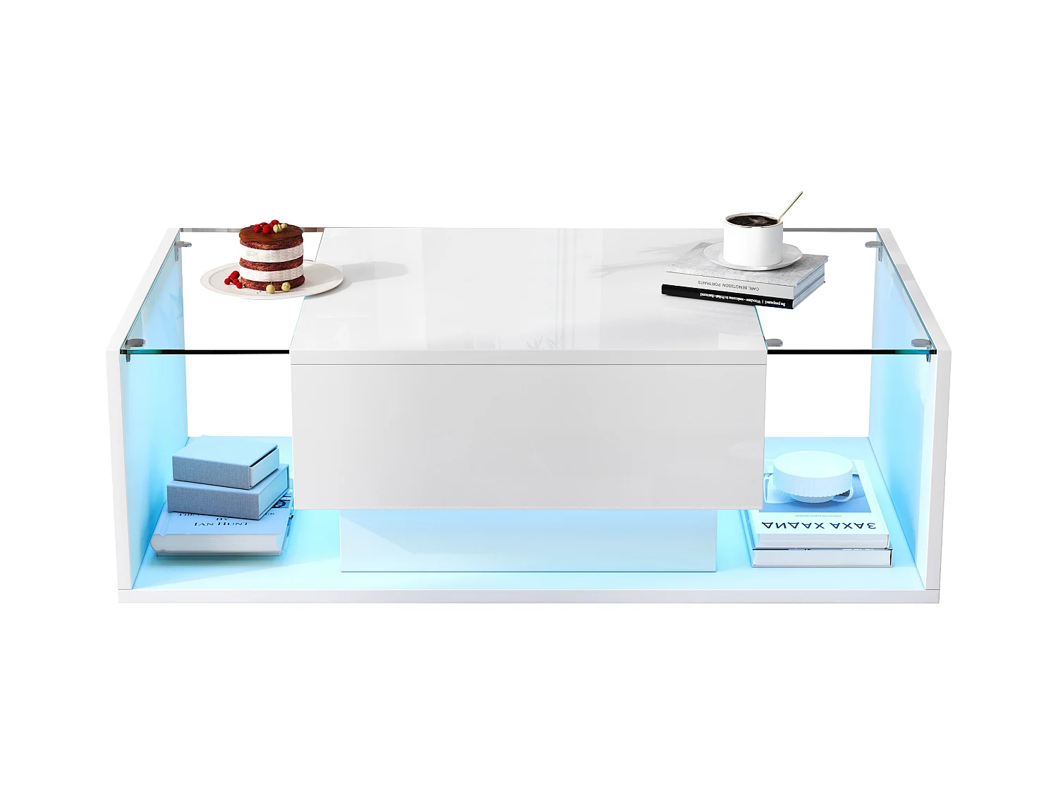 Hoogglans salontafel 100x50x31 cm - 1 lade - met LED-verlichting - Gehard glas - Wit