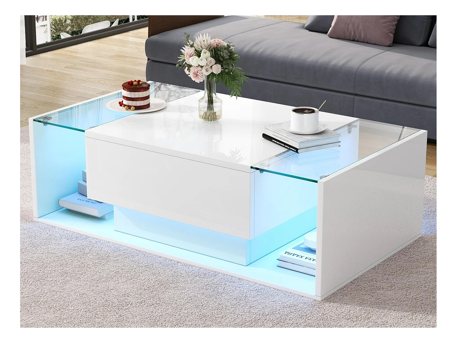 Table basse haute brillance 100x50x31 cm - 1 tiroir - avec éclairage LED - Verre trempé - Blanc