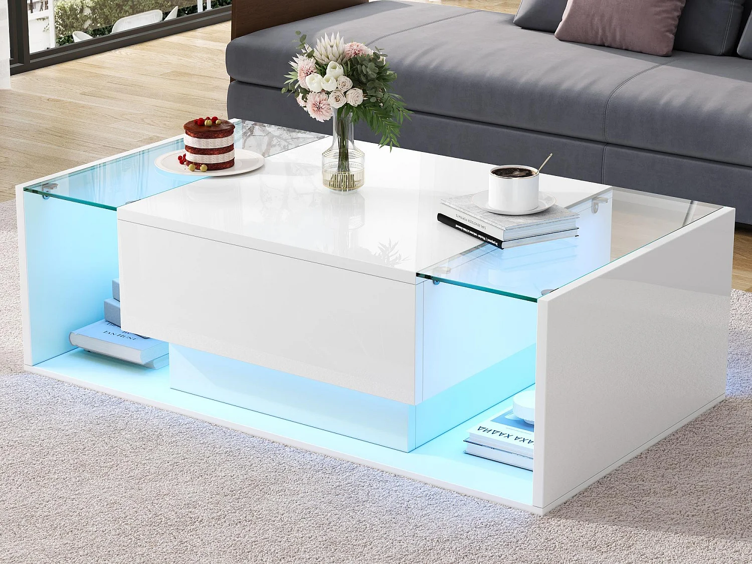 Table basse haute brillance 100x50x31 cm - 1 tiroir - avec éclairage LED - Verre trempé - Blanc
