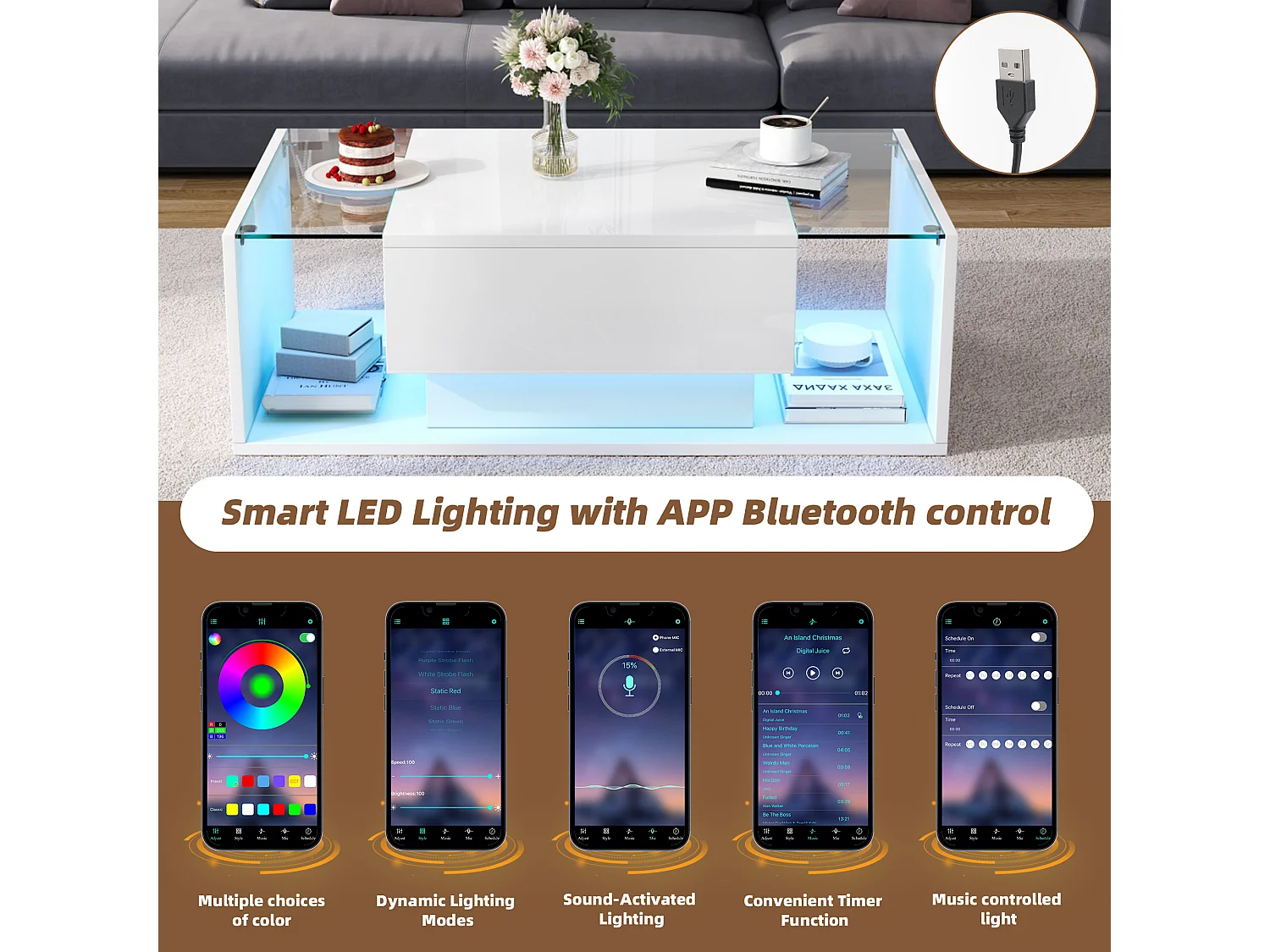 Table basse haute brillance 100x50x31 cm - 1 tiroir - avec éclairage LED - Verre trempé - Blanc