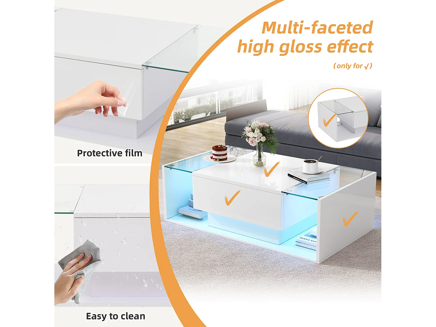 Table basse haute brillance 100x50x31 cm - 1 tiroir - avec éclairage LED - Verre trempé - Blanc