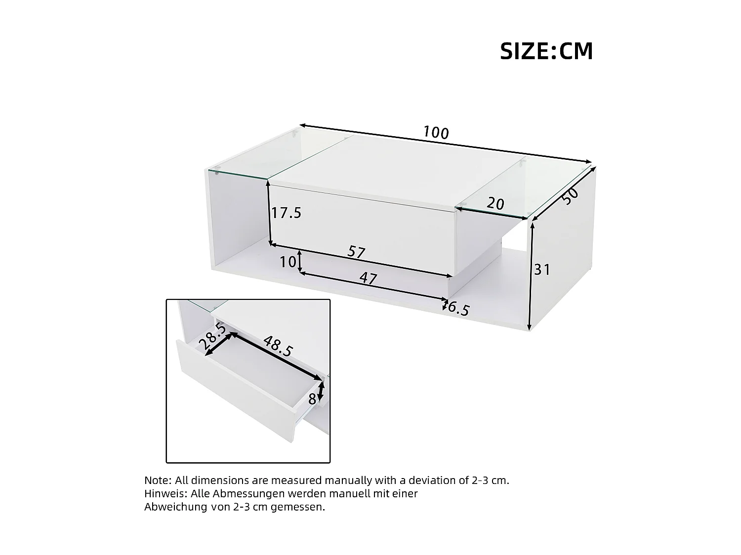 Table basse haute brillance 100x50x31 cm - 1 tiroir - avec éclairage LED - Verre trempé - Blanc