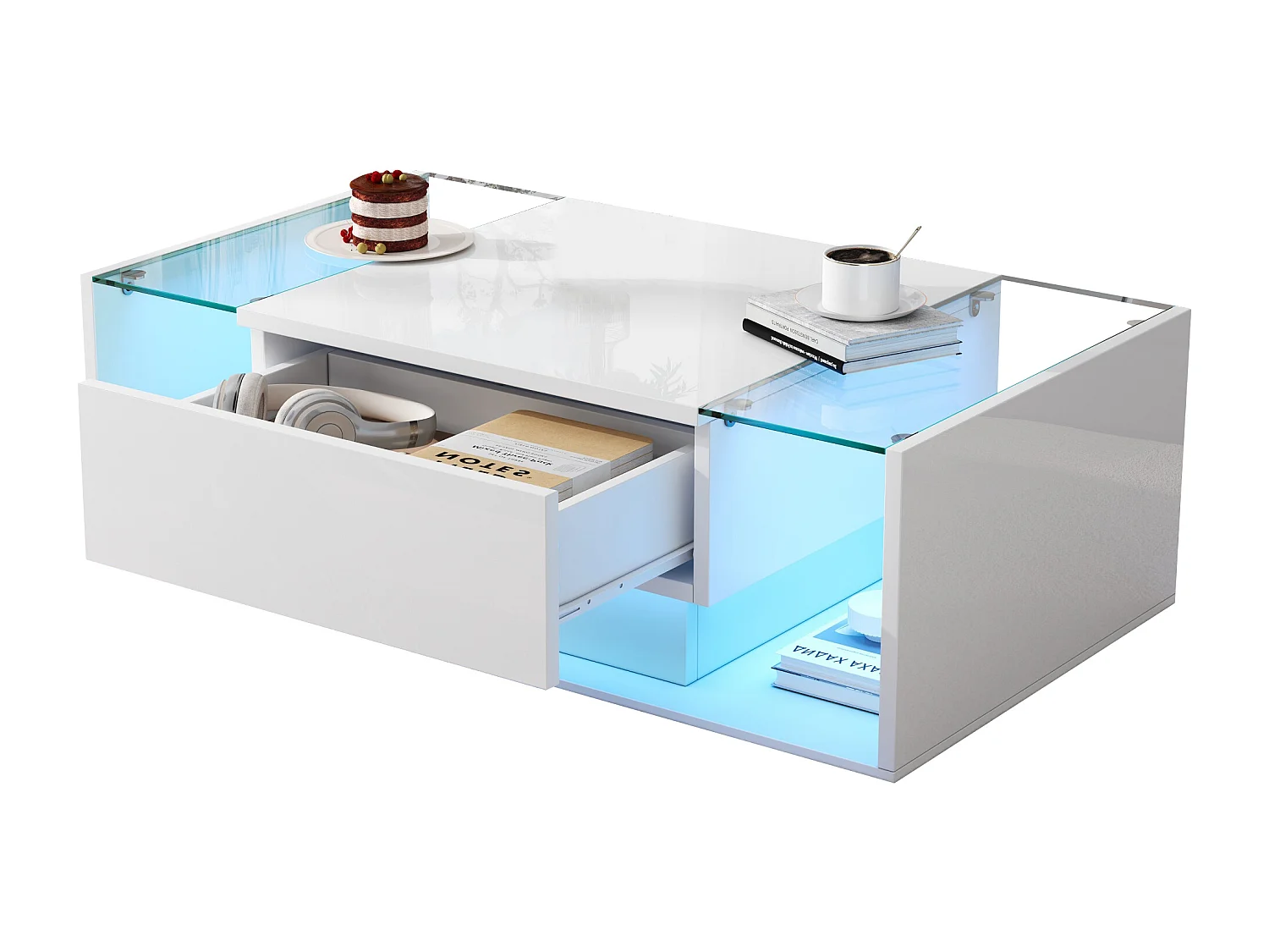 Table basse haute brillance 100x50x31 cm - 1 tiroir - avec éclairage LED - Verre trempé - Blanc