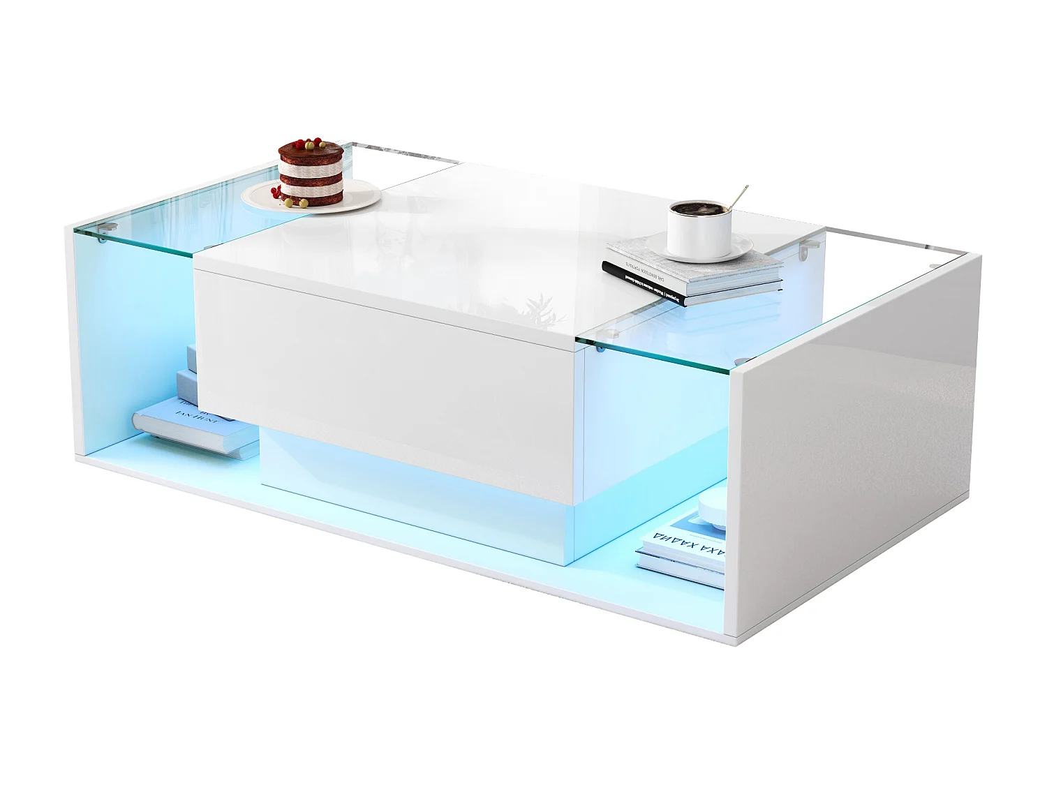 Table basse haute brillance 100x50x31 cm - 1 tiroir - avec éclairage LED - Verre trempé - Blanc