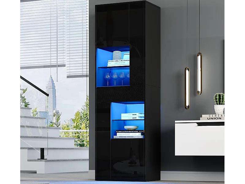 Witryna wysokopołyskująca 55x38x170 cm - 1 szuflada i 4 drzwi - z oświetleniem LED - Czarny