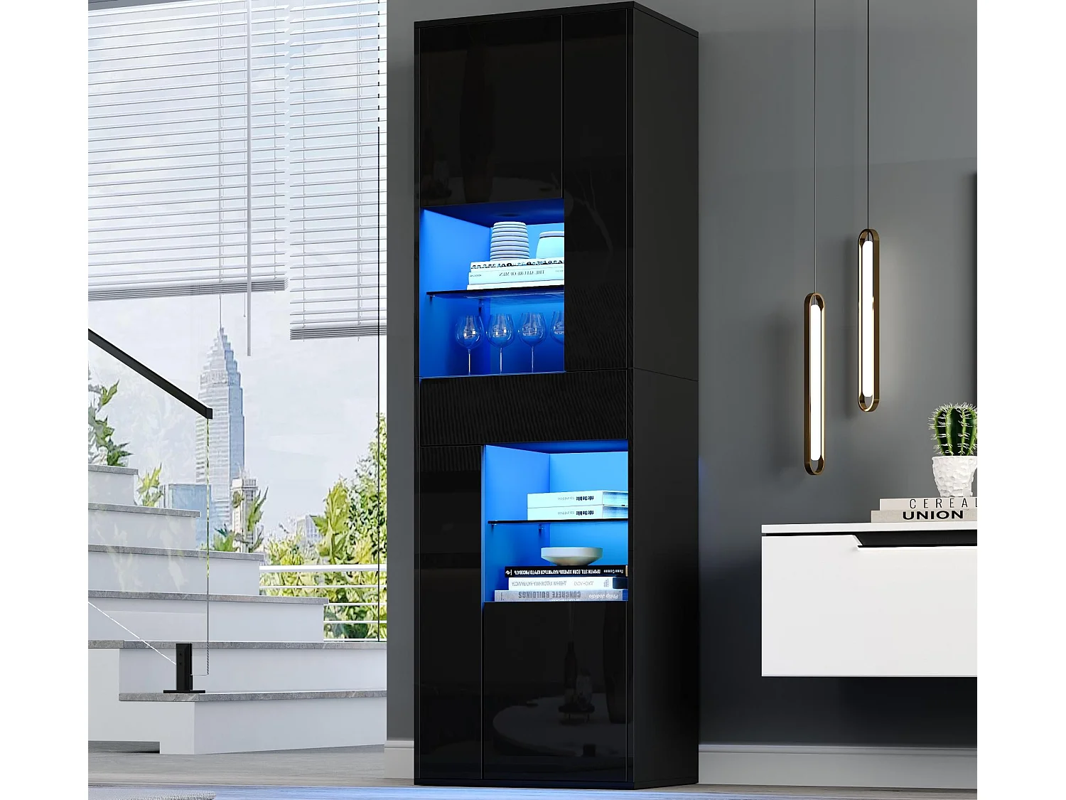 Vitrine haute brillance 55x38x170 cm - 1 tiroir et 4 portes - avec éclairage LED - Noir