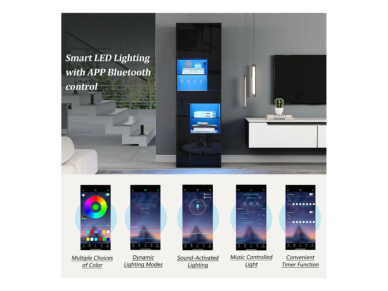 Vitrine haute brillance 55x38x170 cm - 1 tiroir et 4 portes - avec éclairage LED - Noir