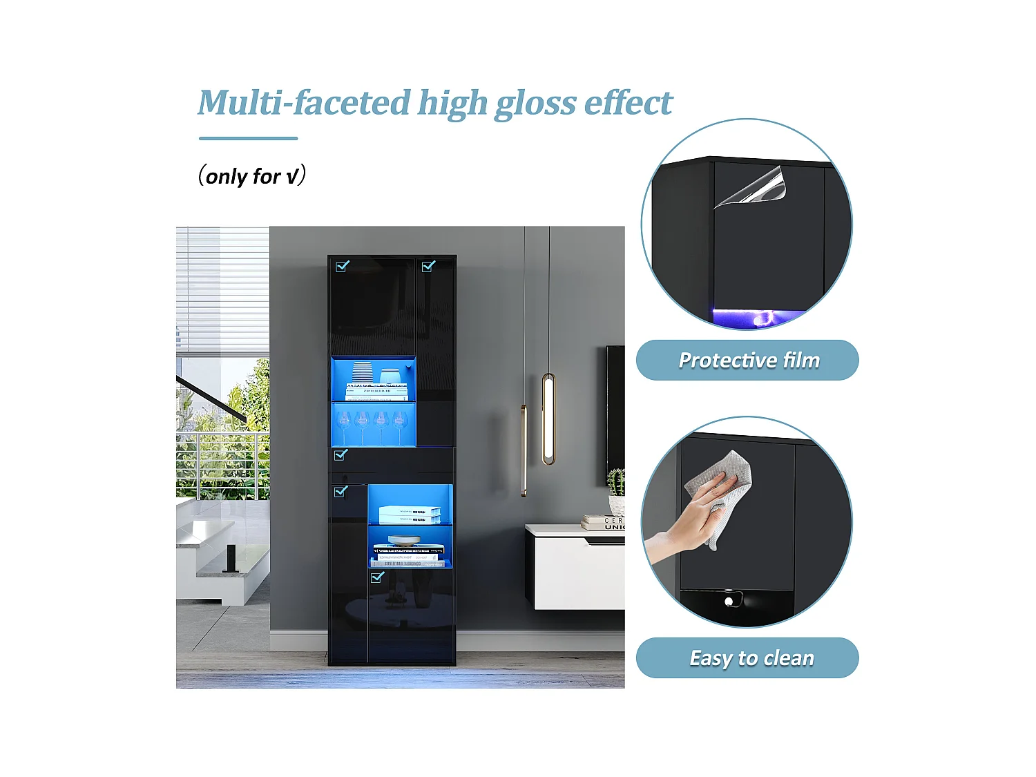 Vitrine haute brillance 55x38x170 cm - 1 tiroir et 4 portes - avec éclairage LED - Noir