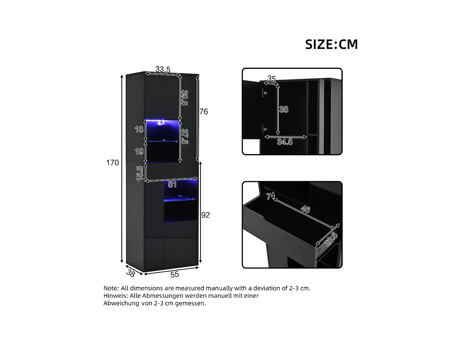 Vitrine haute brillance 55x38x170 cm - 1 tiroir et 4 portes - avec éclairage LED - Noir