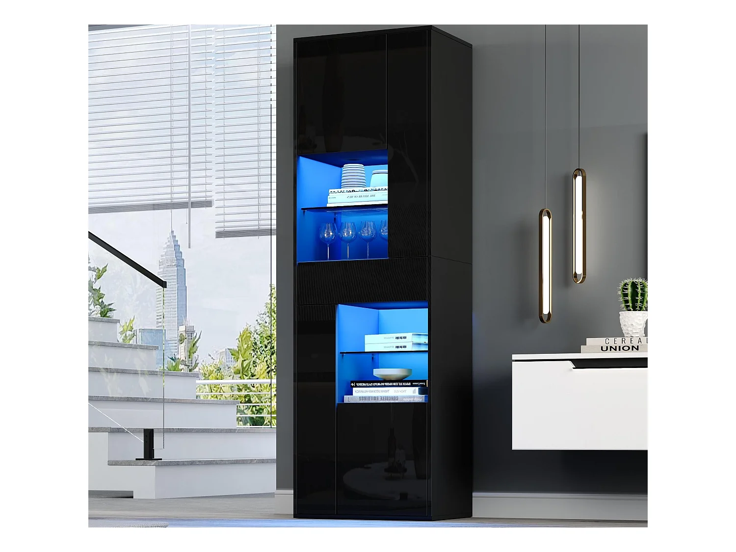Vitrine haute brillance 55x38x170 cm - 1 tiroir et 4 portes - avec éclairage LED - Noir