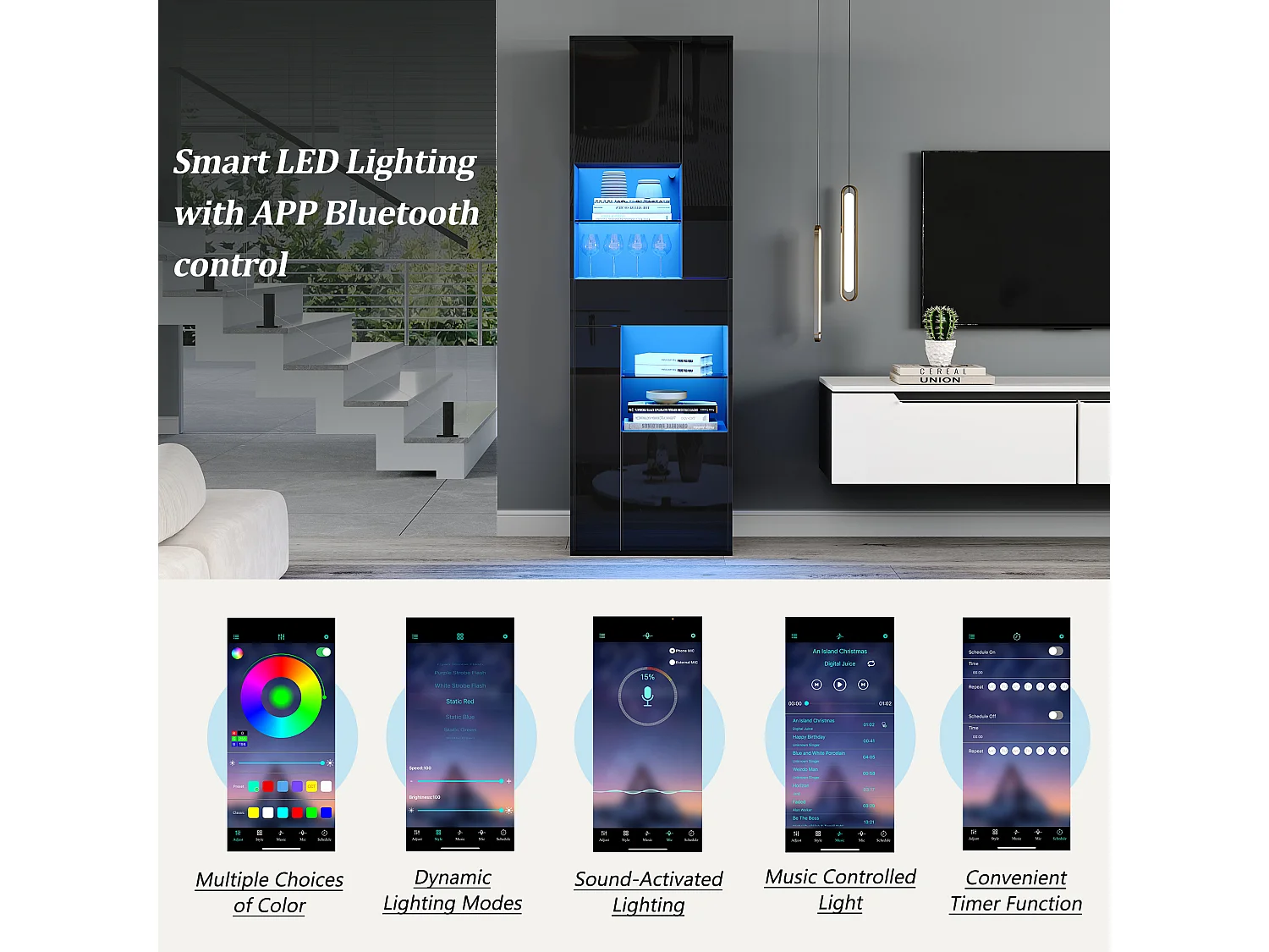 Vitrine haute brillance 55x38x170 cm - 1 tiroir et 4 portes - avec éclairage LED - Noir