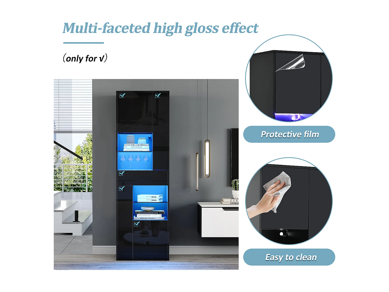 Vitrine haute brillance 55x38x170 cm - 1 tiroir et 4 portes - avec éclairage LED - Noir