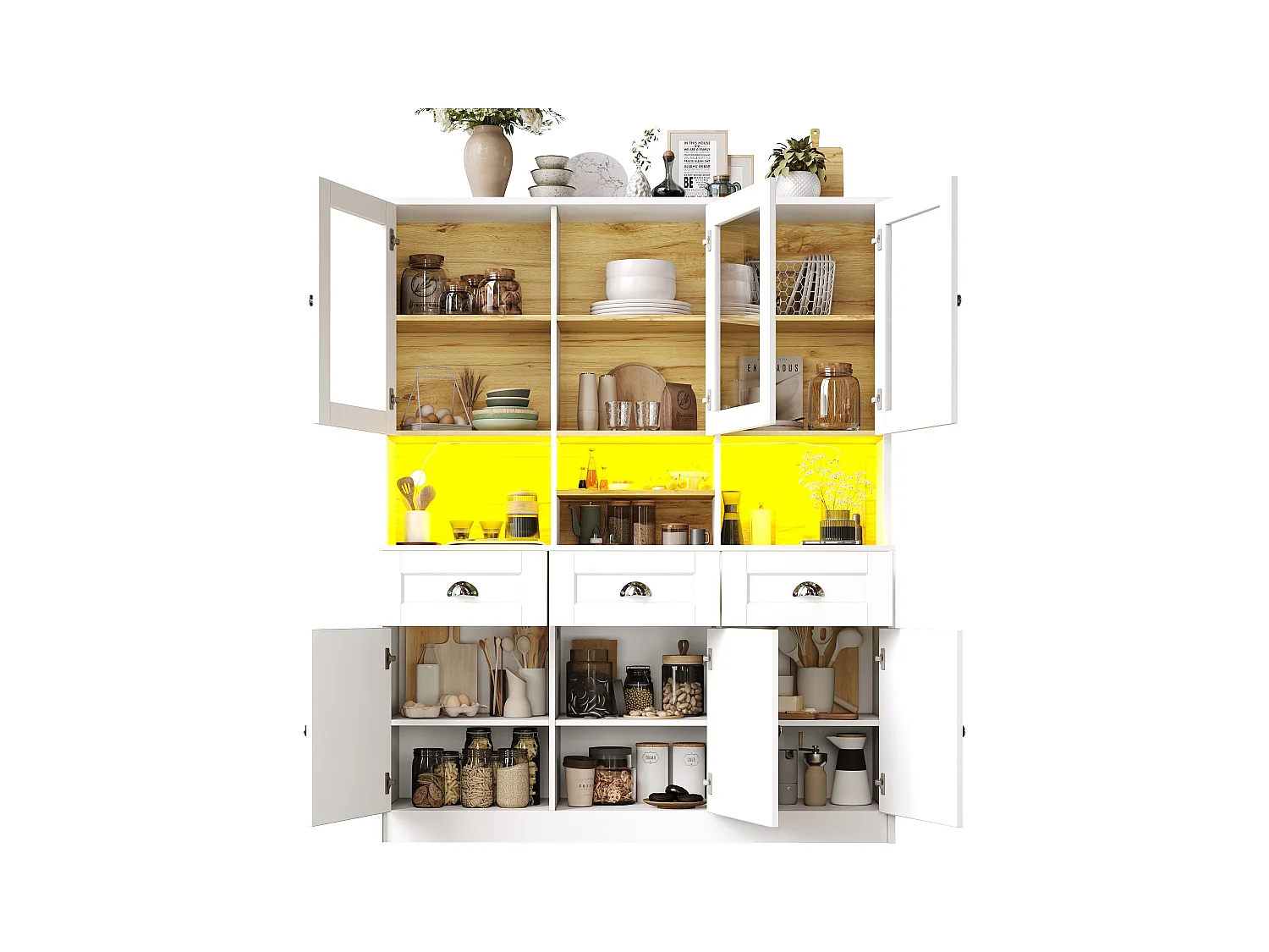 Moderne Küchenbuffet 140x40x175cm - 6 Türen + 3 Schubladen + 9 Regalbretter - Hochmöbel - mit LED-Beleuchtung - Weiß