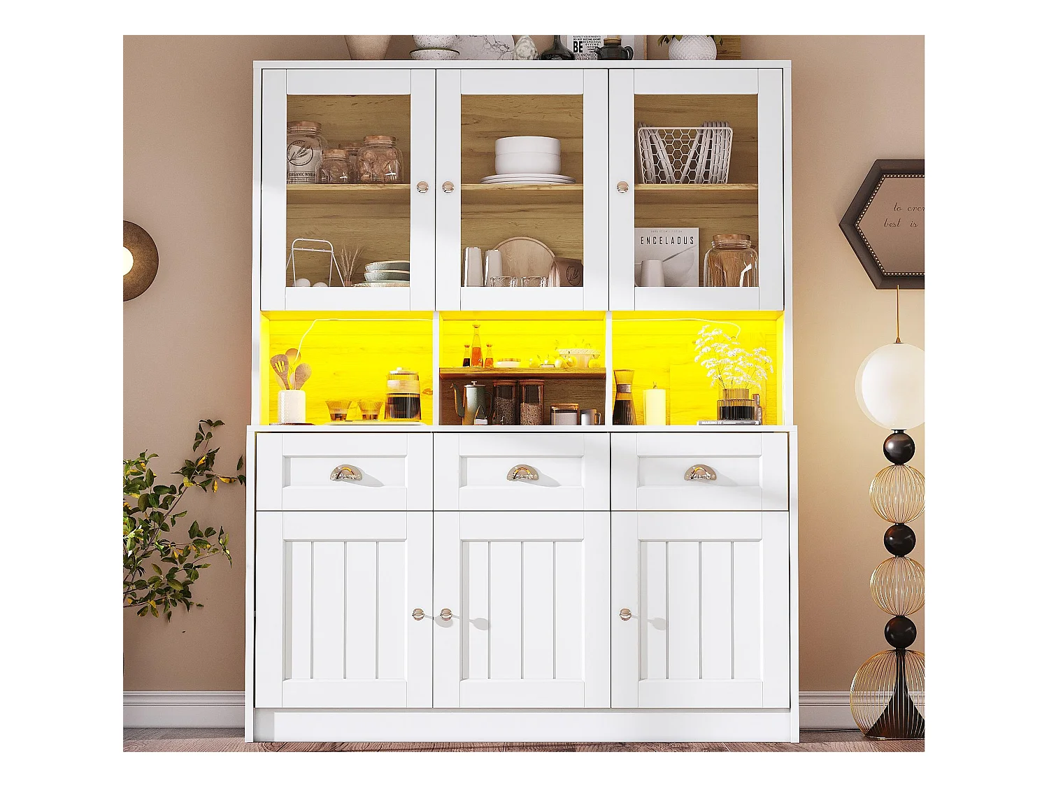 Buffet de cuisine moderne 140x40x175cm - 6 portes + 3 tiroirs + 9 étagères - meuble haut - avec éclairage LED - Blanc