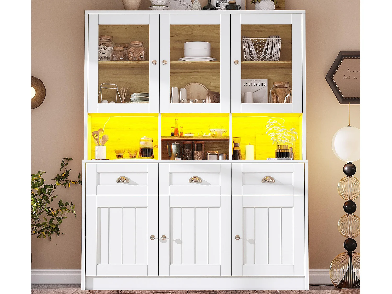Buffet de cuisine moderne 140x40x175cm - 6 portes + 3 tiroirs + 9 étagères - meuble haut - avec éclairage LED - Blanc