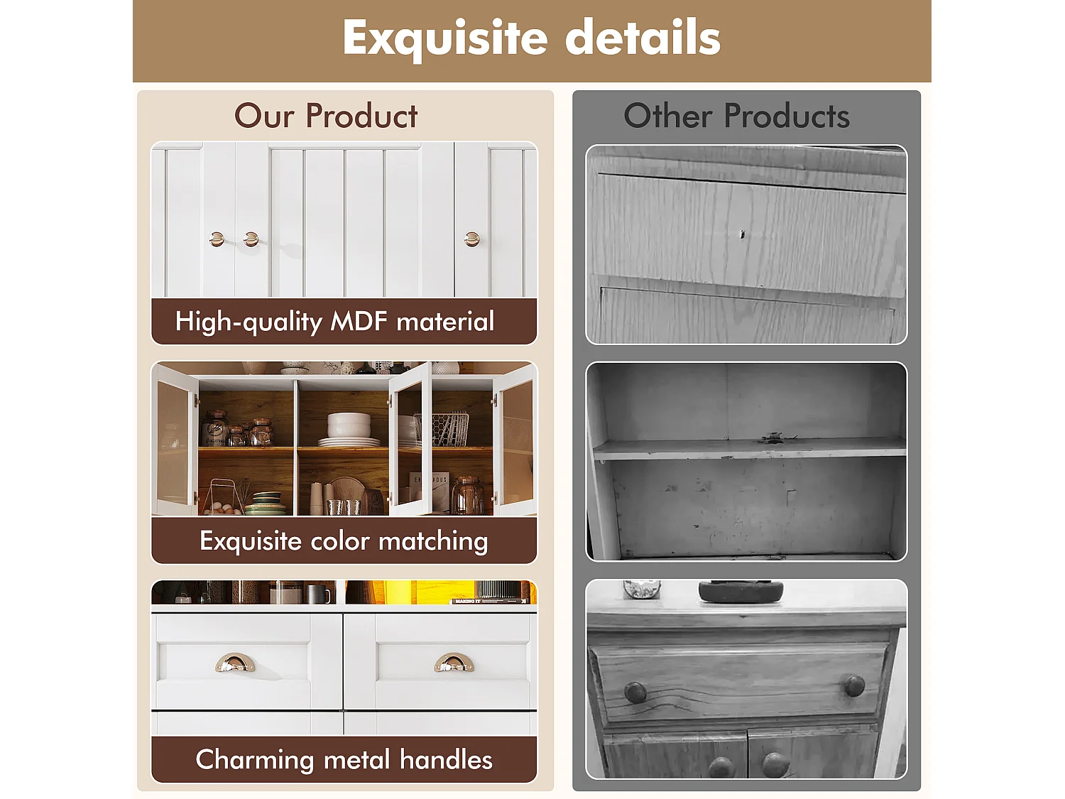 Buffet de cuisine moderne 140x40x175cm - 6 portes + 3 tiroirs + 9 étagères - meuble haut - avec éclairage LED - Blanc