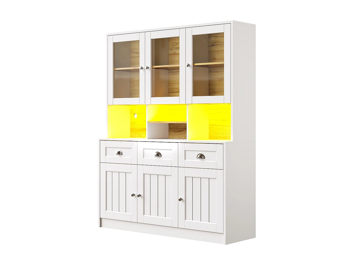 Buffet de cuisine moderne 140x40x175cm - 6 portes + 3 tiroirs + 9 étagères - meuble haut - avec éclairage LED - Blanc