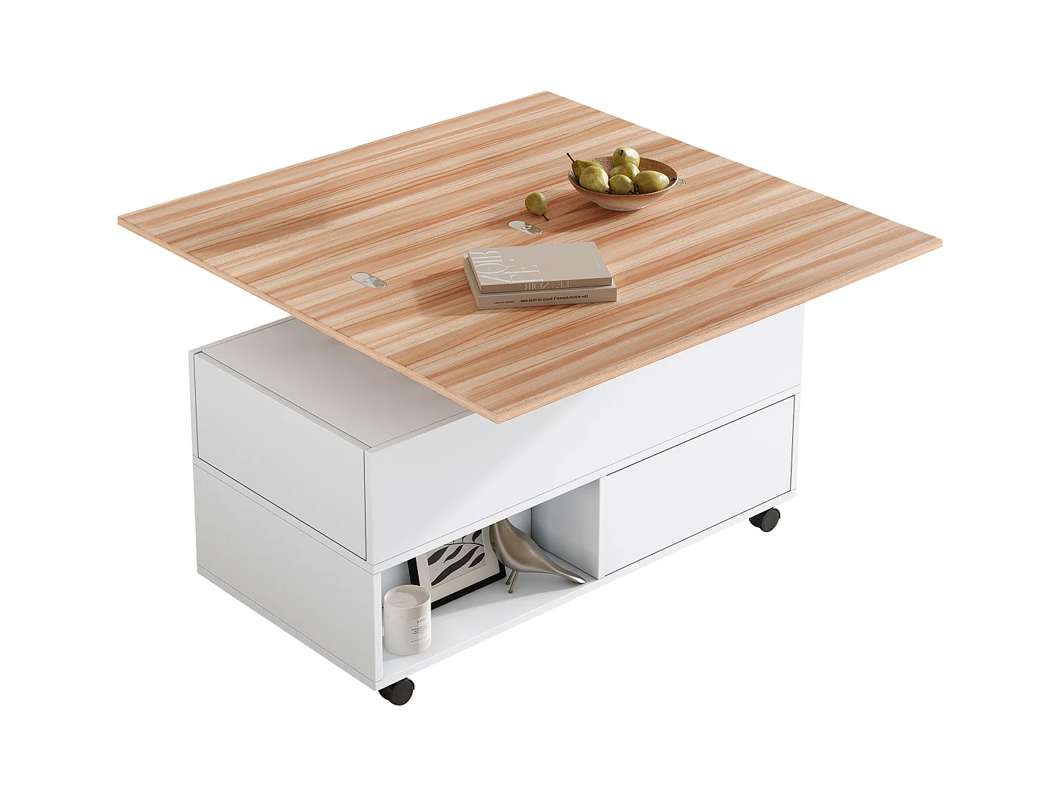 Stolik kawowy podnoszony 100x50x52 cm - z 4 kółkami - 4 szuflady - Półotwarte przechowywanie - Biały + Naturalny