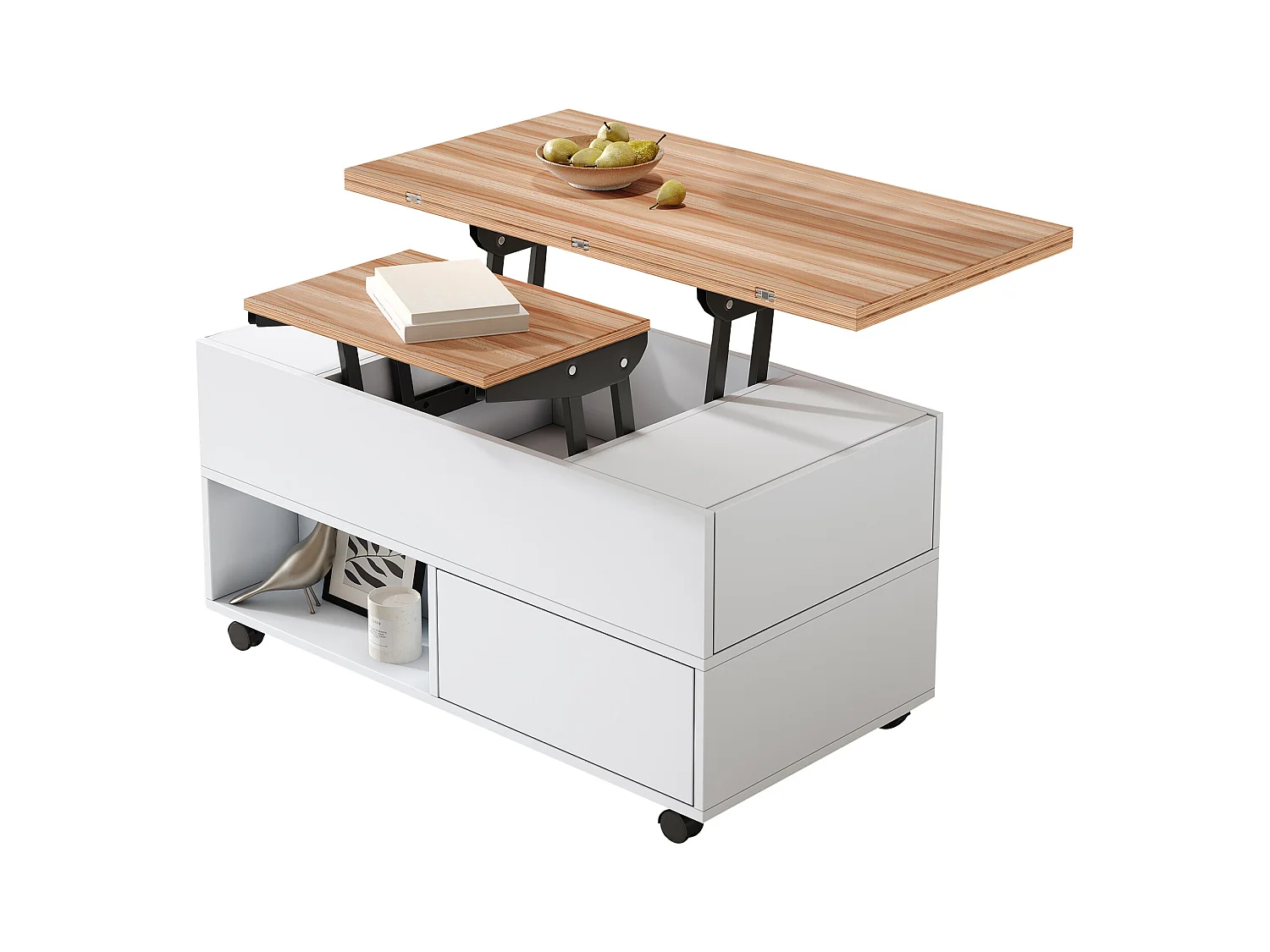 Stolik kawowy podnoszony 100x50x52 cm - z 4 kółkami - 4 szuflady - Półotwarte przechowywanie - Biały + Naturalny