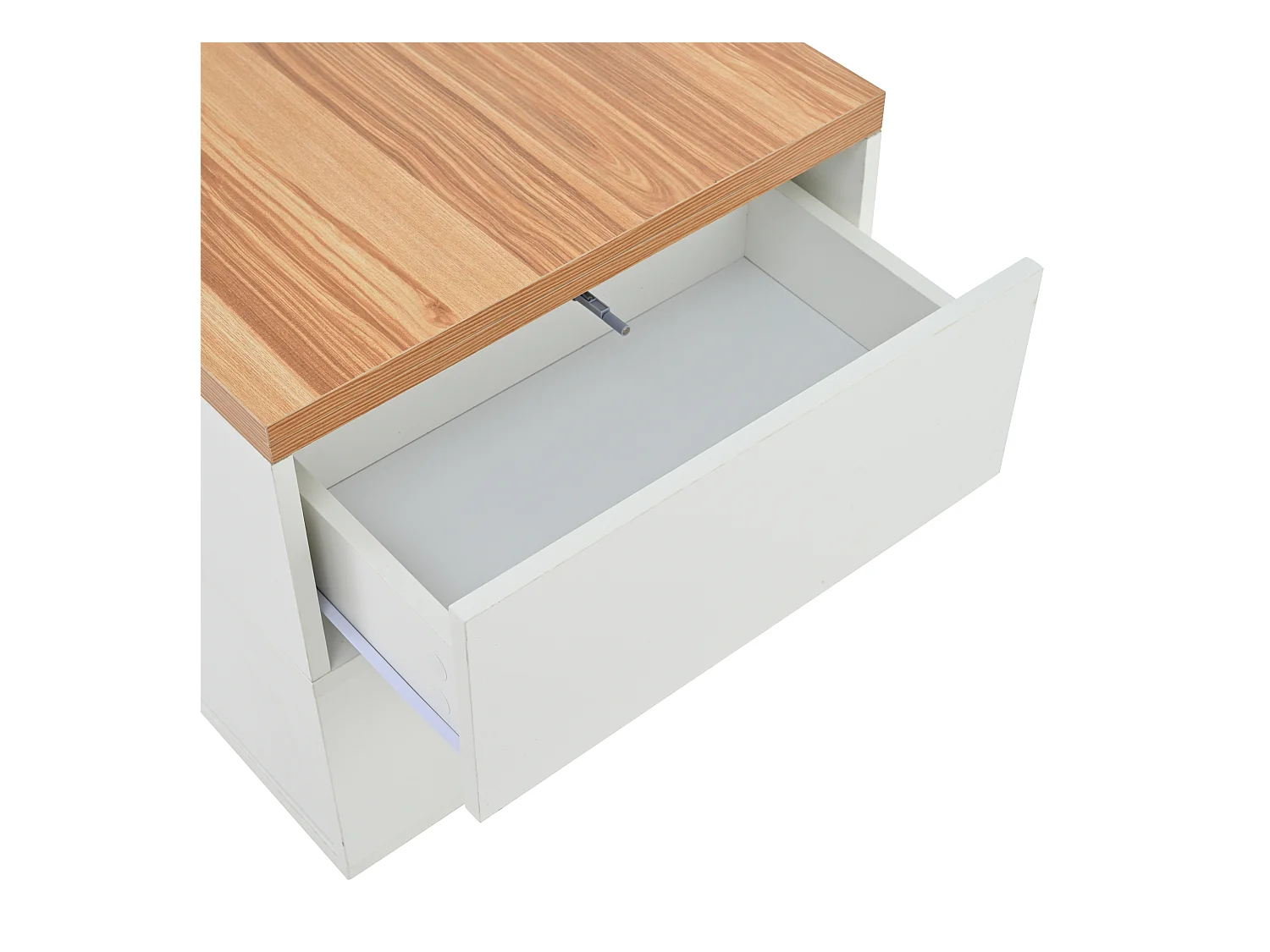 Stolik kawowy podnoszony 100x50x52 cm - z 4 kółkami - 4 szuflady - Półotwarte przechowywanie - Biały + Naturalny