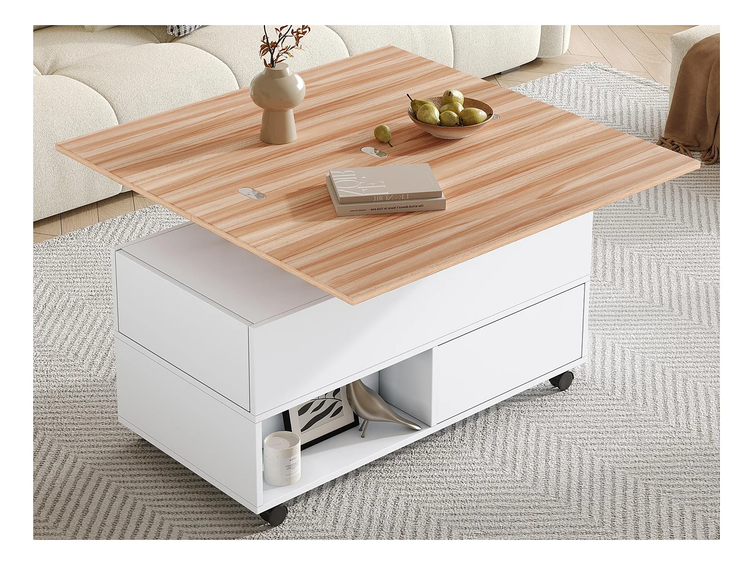 Table basse relevable 100x50x52 cm - avec 4 roulettes - 4 tiroirs - Rangement semi-ouvert - Blanc + Naturel