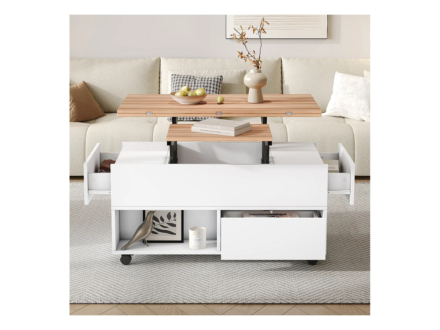 Table basse relevable 100x50x52 cm - avec 4 roulettes - 4 tiroirs - Rangement semi-ouvert - Blanc + Naturel