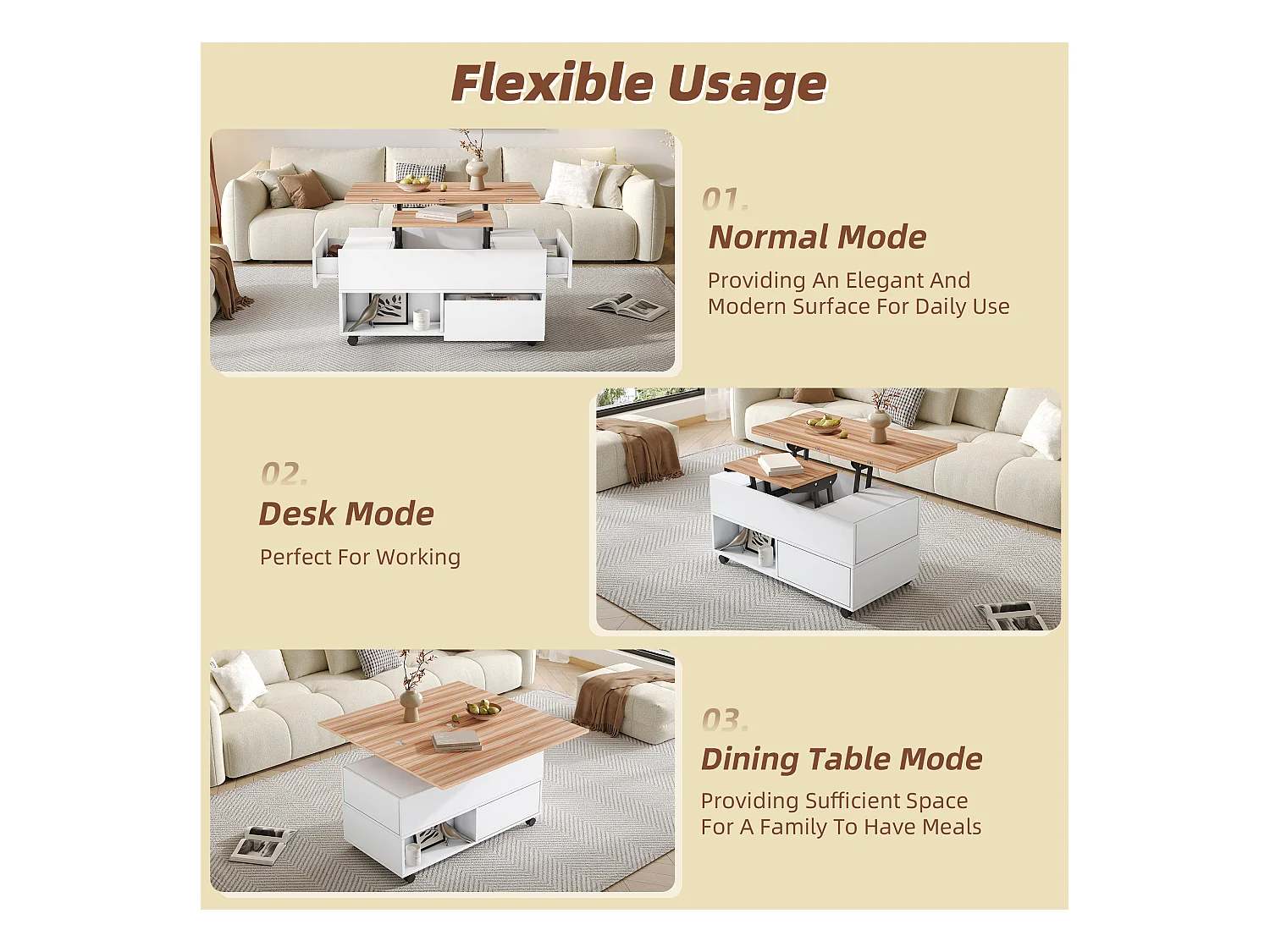 Table basse relevable 100x50x52 cm - avec 4 roulettes - 4 tiroirs - Rangement semi-ouvert - Blanc + Naturel