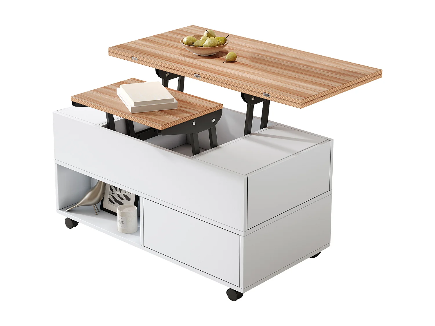 Table basse relevable 100x50x52 cm - avec 4 roulettes - 4 tiroirs - Rangement semi-ouvert - Blanc + Naturel