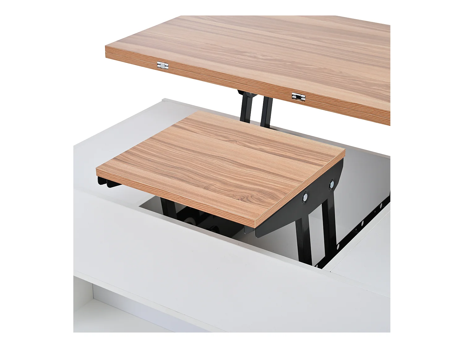 Table basse relevable 100x50x52 cm - avec 4 roulettes - 4 tiroirs - Rangement semi-ouvert - Blanc + Naturel