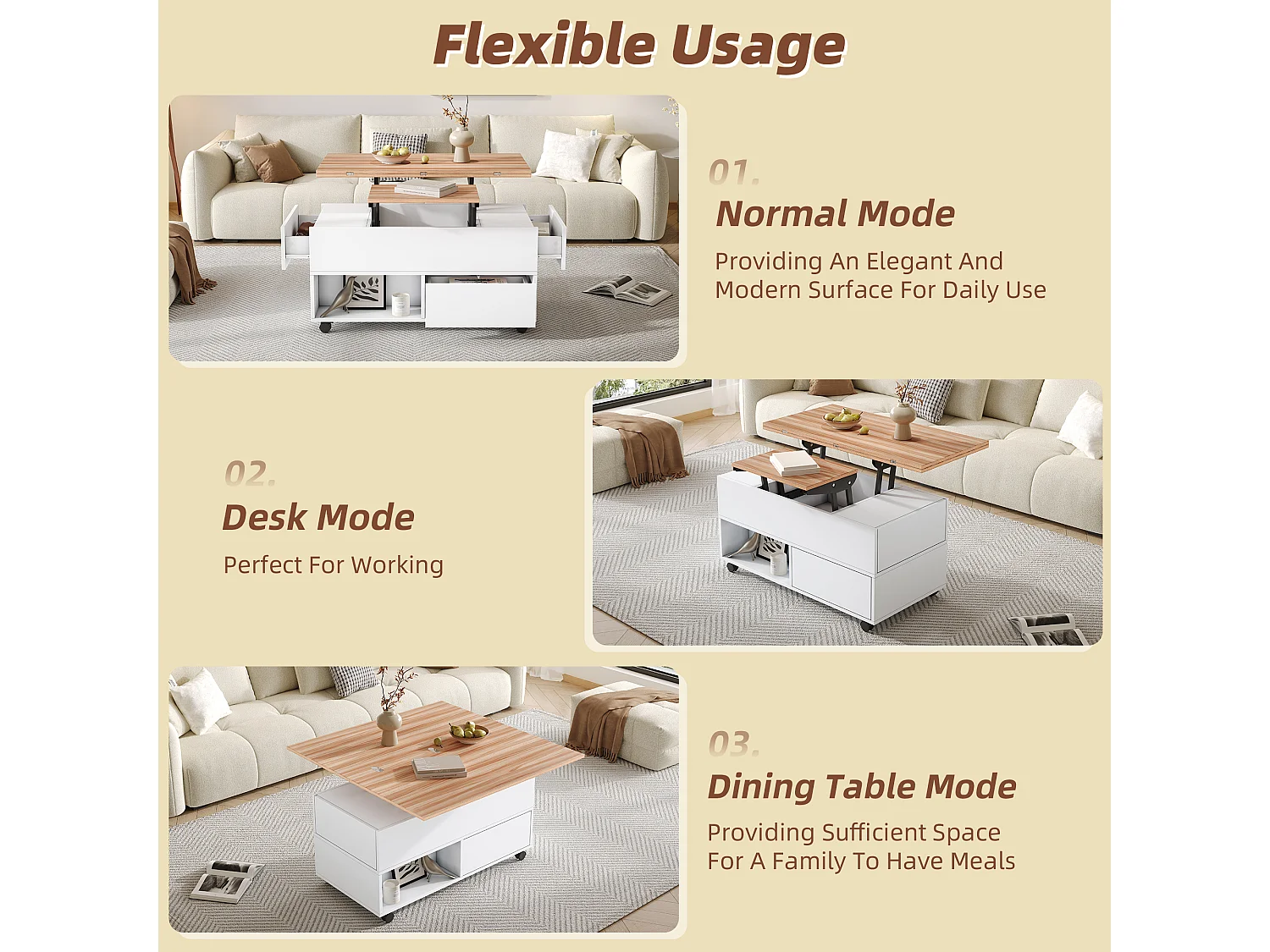 Table basse relevable 100x50x52 cm - avec 4 roulettes - 4 tiroirs - Rangement semi-ouvert - Blanc + Naturel