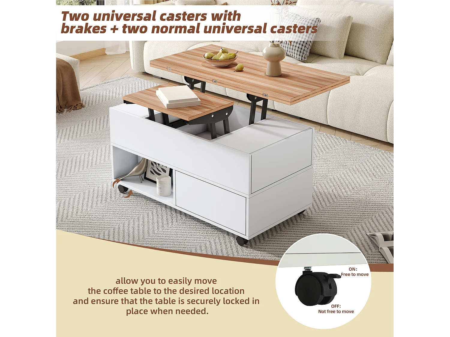 Table basse relevable 100x50x52 cm - avec 4 roulettes - 4 tiroirs - Rangement semi-ouvert - Blanc + Naturel