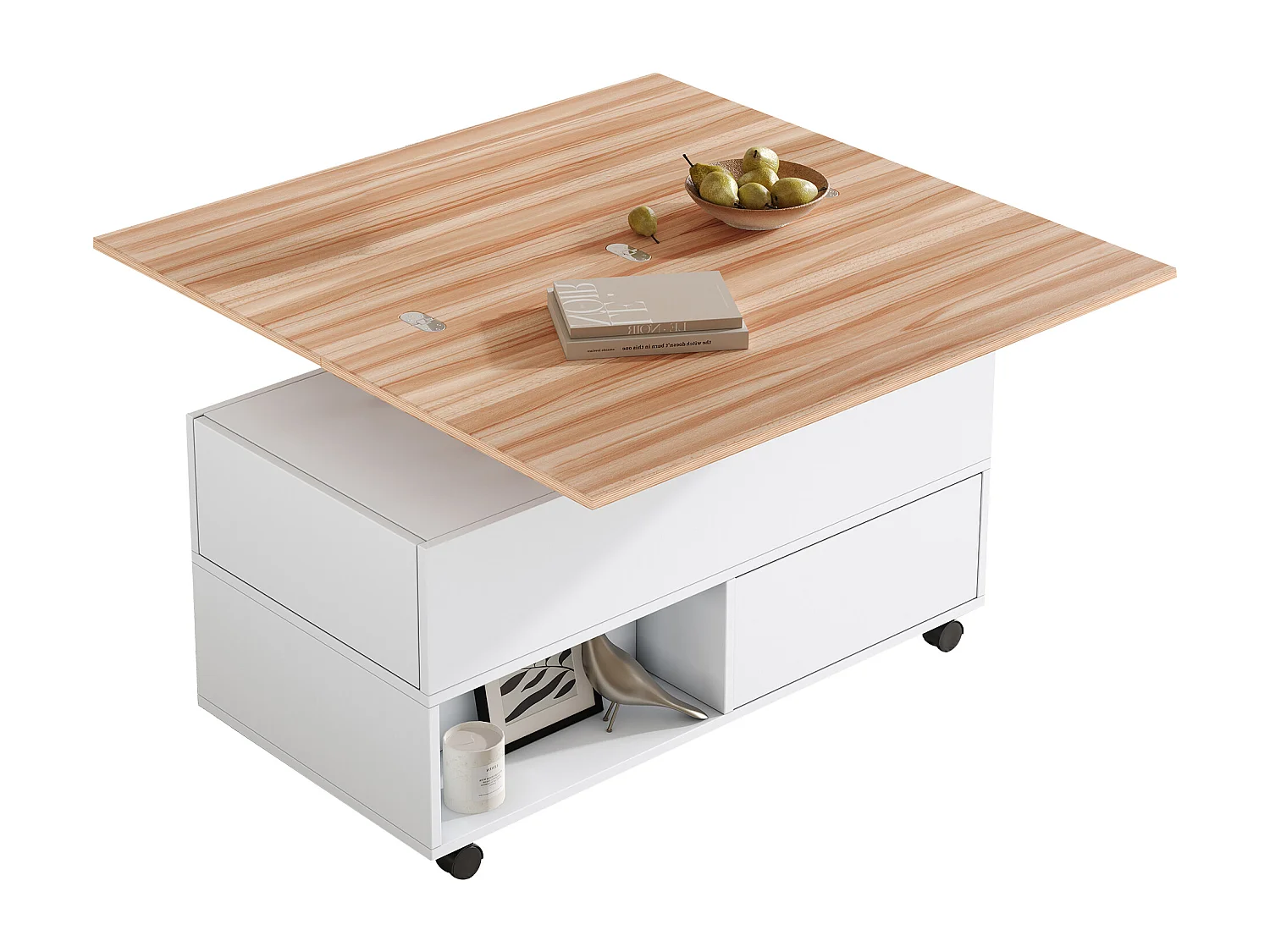 Table basse relevable 100x50x52 cm - avec 4 roulettes - 4 tiroirs - Rangement semi-ouvert - Blanc + Naturel