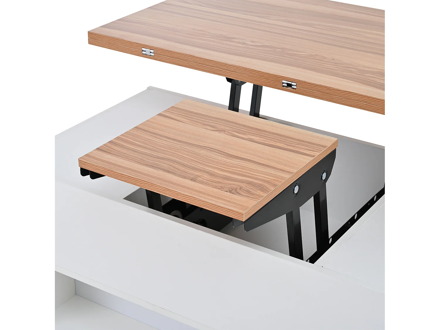 Table basse relevable 100x50x52 cm - avec 4 roulettes - 4 tiroirs - Rangement semi-ouvert - Blanc + Naturel