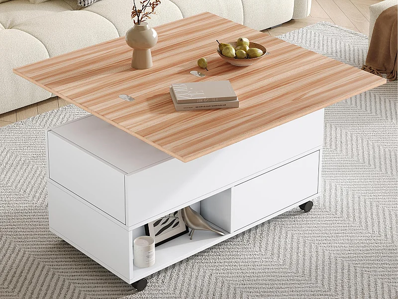 Table basse relevable 100x50x52 cm - avec 4 roulettes - 4 tiroirs - Rangement semi-ouvert - Blanc + Naturel