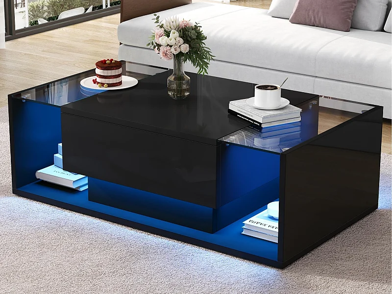 Hochglanz-Couchtisch 100x50x31 cm - 1 Schublade - mit LED-Beleuchtung - Sicherheitsglas - Schwarz