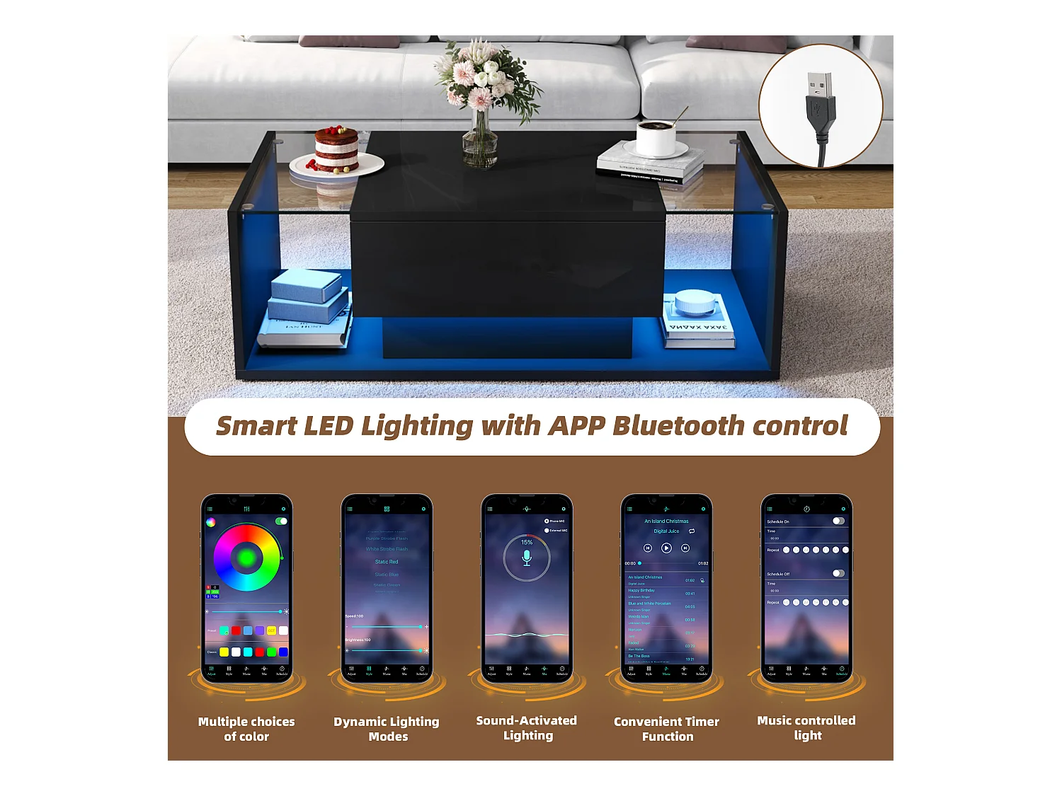 Hochglanz-Couchtisch 100x50x31 cm - 1 Schublade - mit LED-Beleuchtung - Sicherheitsglas - Schwarz