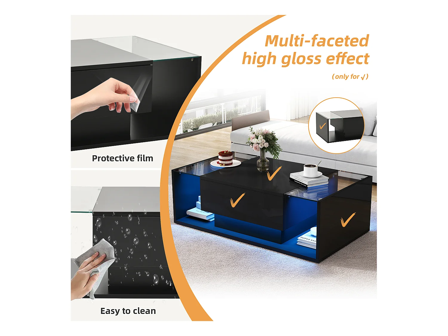 Hochglanz-Couchtisch 100x50x31 cm - 1 Schublade - mit LED-Beleuchtung - Sicherheitsglas - Schwarz