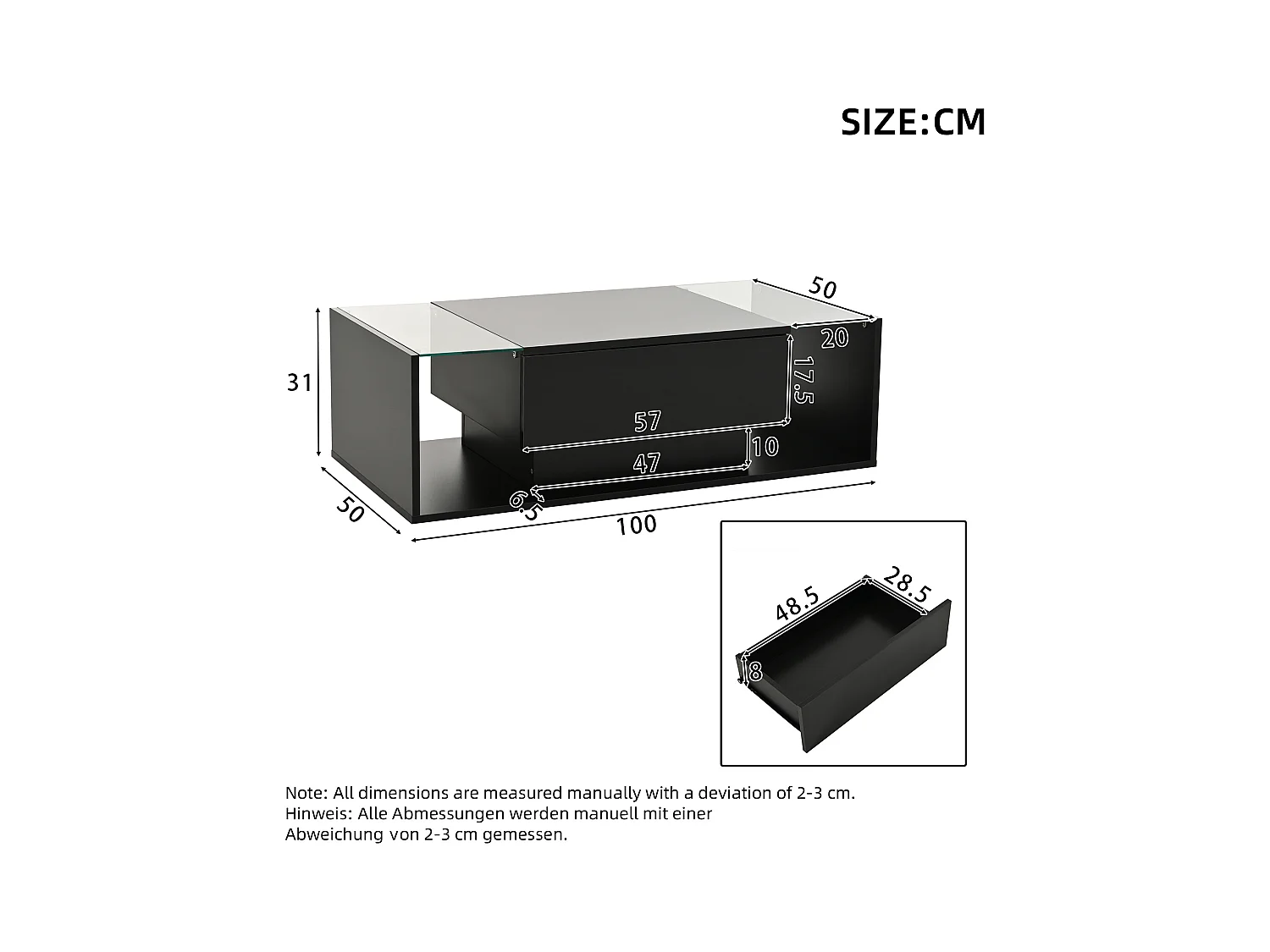 Hochglanz-Couchtisch 100x50x31 cm - 1 Schublade - mit LED-Beleuchtung - Sicherheitsglas - Schwarz