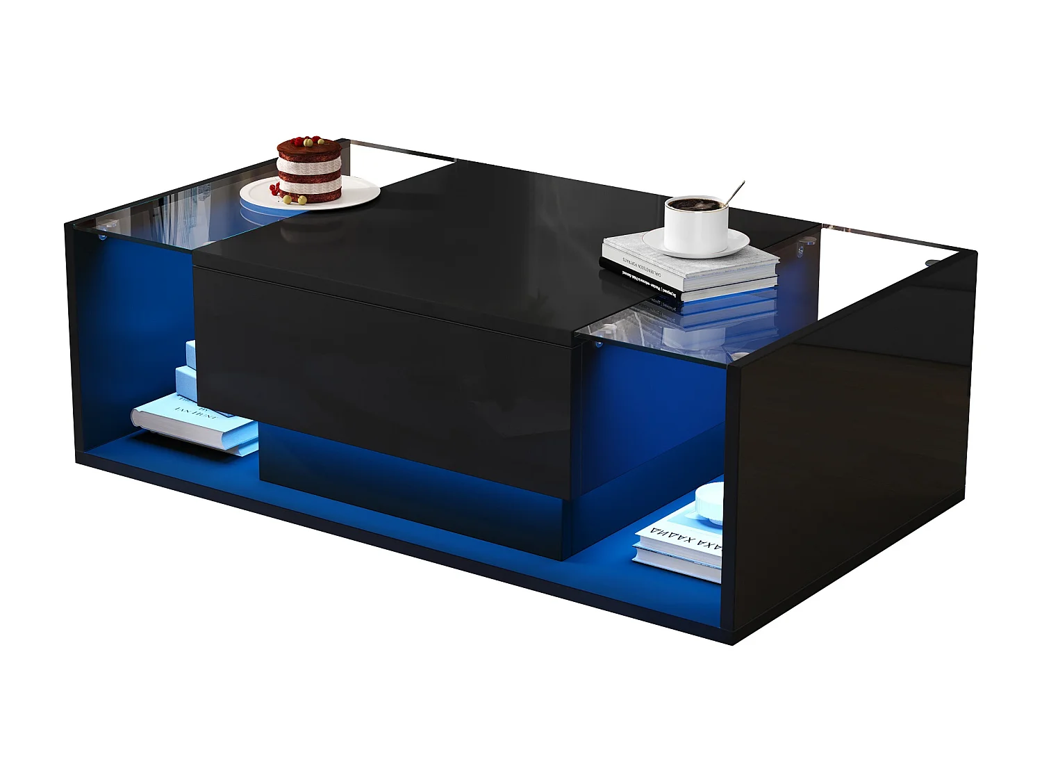 Hochglanz-Couchtisch 100x50x31 cm - 1 Schublade - mit LED-Beleuchtung - Sicherheitsglas - Schwarz